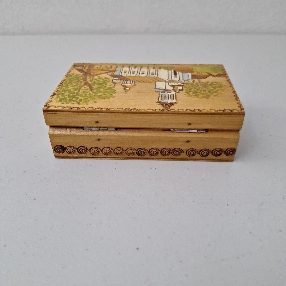 Vtg 1969 USSR Russian Carved Wood Folk Art Pyrography Jewelry Trinket Box 5.5